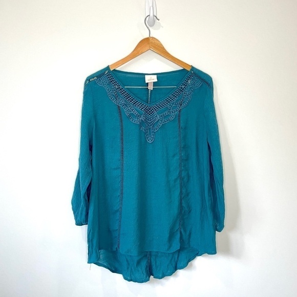 Knox Rose Teal V-Neck Embroidered Long Sleeve Blouse - Picture 1 of 7